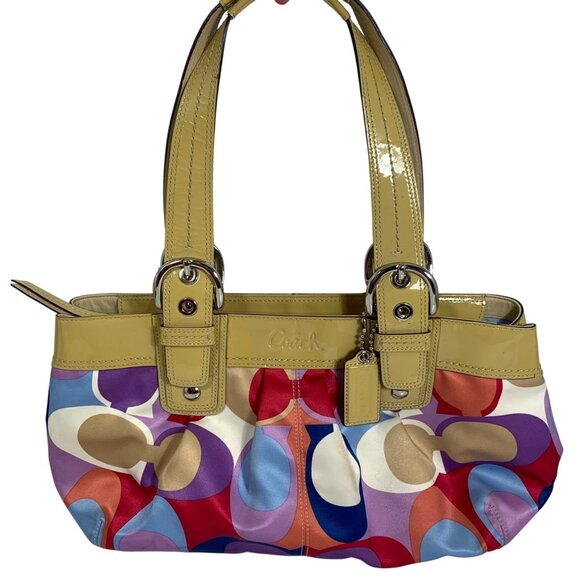 COACH Soho F13798 Scarf Print Logo Sateen Patent Leather Trim + Tag Shoulder Bag - Picture 1 of 11